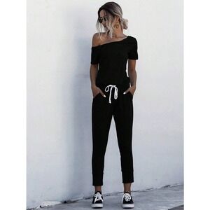 minimalist Asymmetrical Neck Drawstring Waist Slant Pocket Tee Jumpsuit